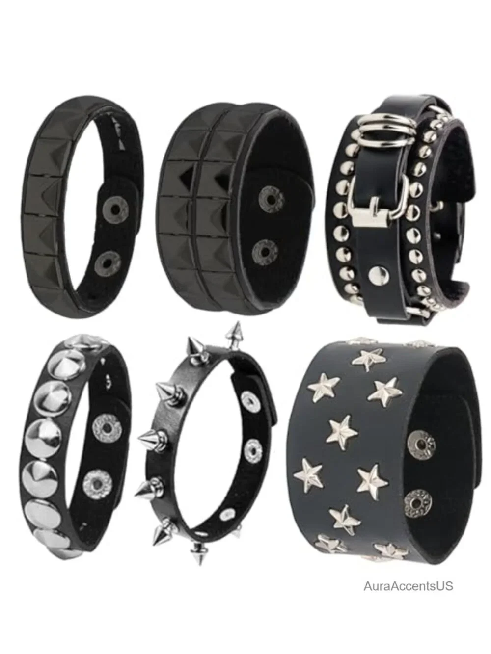 6 PCS Adjustable Punk Leather Cuff Bracelets Gothic Wristbands Set